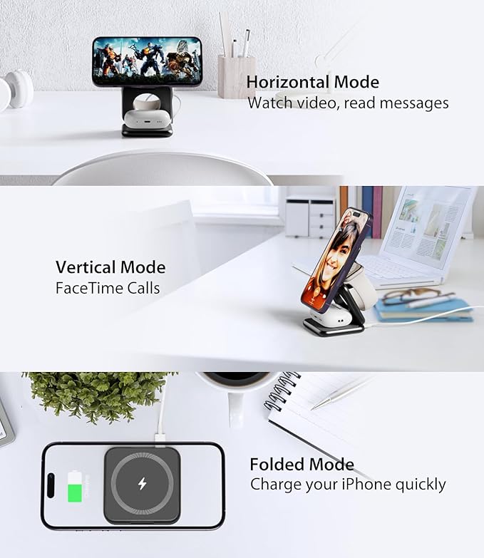 Foldable Magnetic Wireless Charger KU XIU X40 Aluminum Alloy 3 in 1 Charging Station for Apple Fast Charging Travel Charger for iPhone 17 16 15 14 13 12 5W for Apple Watch &amp AirPods Black
