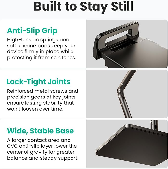 Ergonomic Phone iPad Stand for Desk - Ultra Sturdy Base Adjustable &amp Foldable Mobile Holder with 2 Extendable Clamps Work from Home Essentials Compatible with iPhone/iPad (1 Pack)