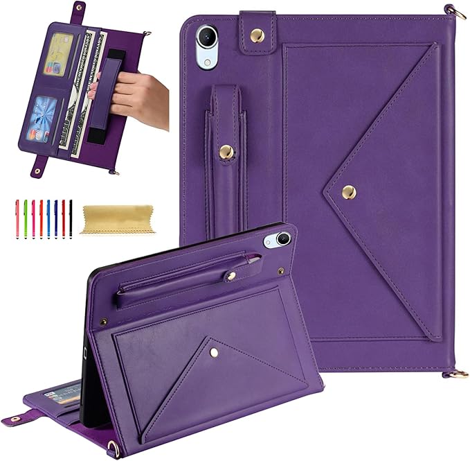 Dteck for iPad 10th Generation Case 2022 Premium PU Leather Business Stand Smart Auto Wake/Sleep Cover Shoulder/Hand Strap Card Slots Wallet Case with Pencil Holder for iPad 10th Gen 10.9Purple
