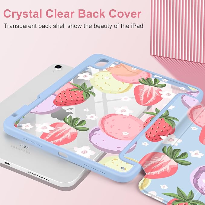 Case for iPad A16 11th Generation 11 inch 2025 iPad 10th Generation 10.9 inch 2022 -[Built-in Pencil Holder] Shockproof Clear Hard Back Trifold Stand Auto Wake/Sleep Strawberry