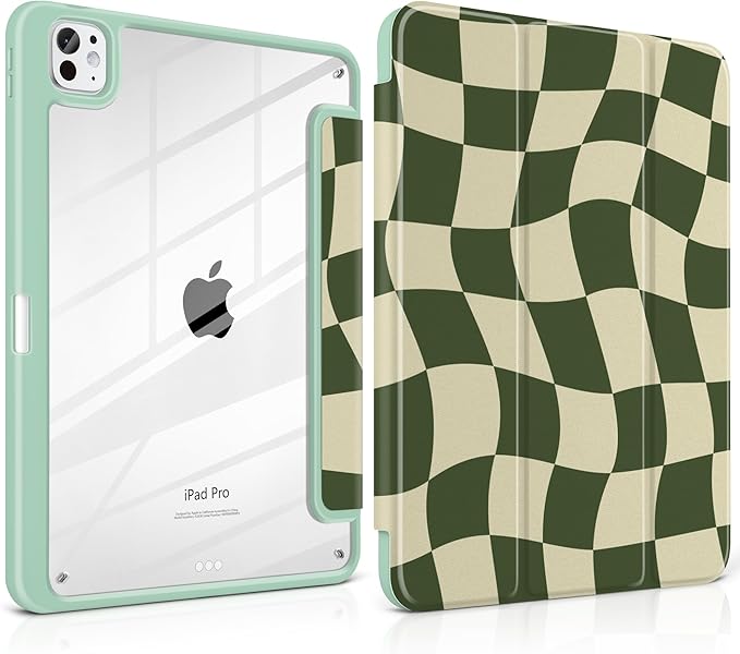 TWOLSKOO Case for iPad Pro 11-inch (M5 2025 / M4 2024) Clear Acrylic Back with TPU Bumper Pencil Holder Trifold Stand Auto Sleep/Wake Green Wavy Checker