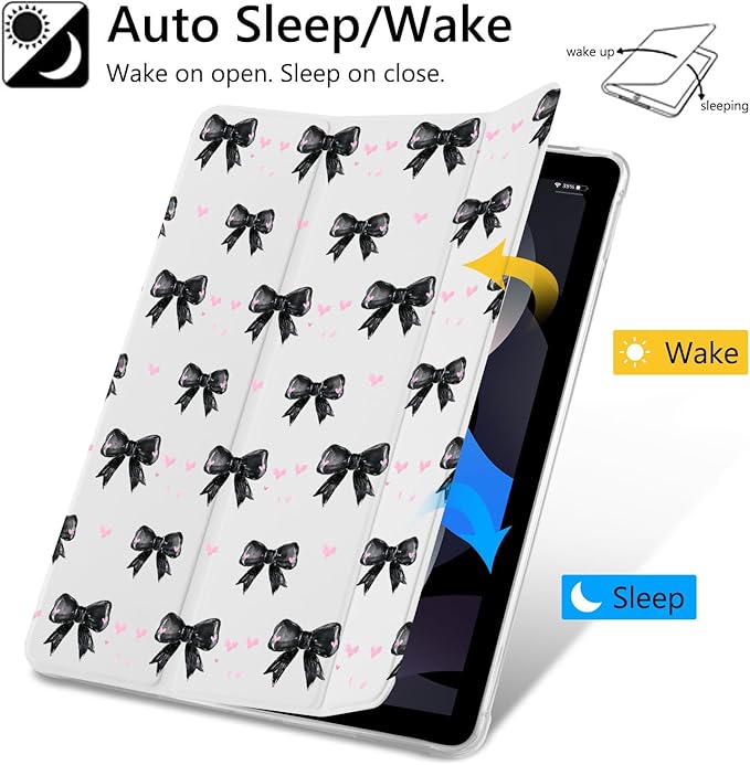 Cute Black Bowknot Case for iPad 9th/8th/7th Generation 10.2 Inch (2021/2020/2019 Release)Girly Y2K Protective CasePencil Holder &amp Clear Transparent Soft TPU Back &amp Trifold White Cover