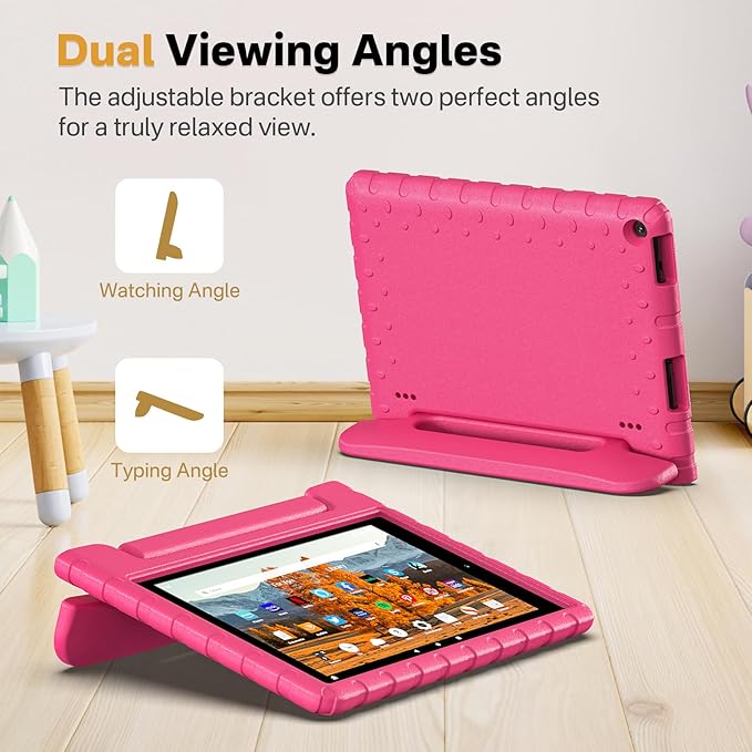 Kids Case for Amazon Kindle Fire HD 10 5th/7th/9th Generation 2015/2017/2019 Released Shockproof Protective Tablet Cases with Adjustable Handle Stand Rosered