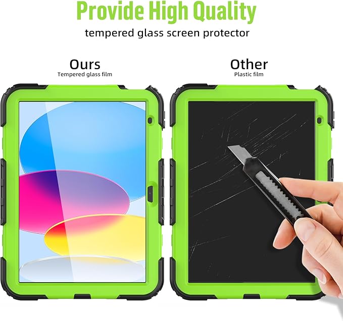 BLOSOMEET Case for iPad A16 11th/10th Generation 11''/10.9'' 2025/2022 with Tempered Glass Screen Protector &amp Pencil Holder Rugged Military Grade Cover w/Stand Hand Shoulder Strap Green
