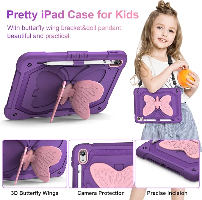 VOFUOE for iPad 10th Generation Case for Kids Girls 2022 10.9 Inch for iPad A16 Case 11th Generation 2025 with Screen Protector Shoulder Strap Butterfly Wings Stand Pencil Holder Rugged Cover-Purple