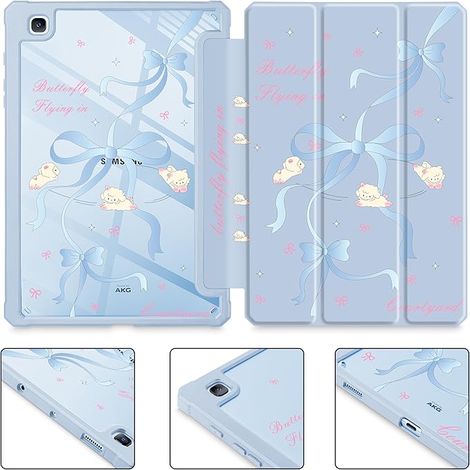 Mektron Case for Samsung Galaxy Tab S6 Lite 10.4 Inch 2024/2022/2020 with S Pen Holder Multi-Angle Viewing with Shockproof Cover Clear Shell + Trifold Stand + Auto Wake/Sleep Blue Bows-Sheep