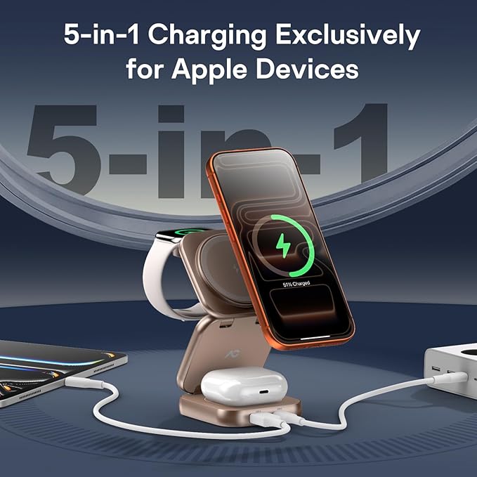 5-in-1 Wireless Charger for MagSafe AC ISLAND Portable Travel Charging Station 35W Max Fast Foldable Magnetic Stand Evolved for iPhone 17-12 &amp Air Series Apple Watch AirPods (with 35W Adapter