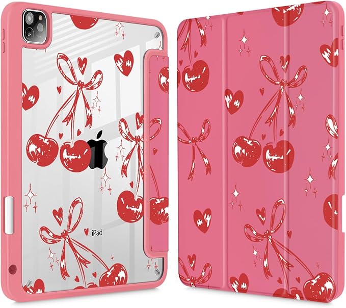 Mektron Case for iPad Pro 11 inch (4th 3rd 2nd &amp 1st Gen) 2022 2021 2020 2018 Buit in Pencil Holder with Shockproof Cover Clear Shell + Trifold Stand + Auto Wake/Sleep Cherries Bows C388