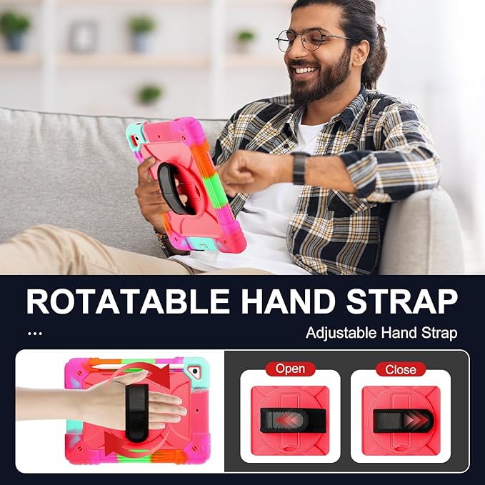 for iPad 6th Generation/iPad 5th Gen/iPad Air 2/iPad Pro 9.7 Case with Cute Key Chain Rugged Protective Case with Rotating Stand &amp Shoulder Hand Strap for iPad 6th/5th/ Air 2 (Rainbow Rose)