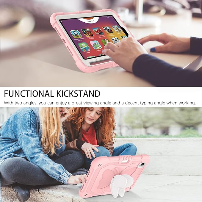 DUEDUE Case for iPad mini 7 (A17 Pro) 2024iPad mini 6 Case 2021 Butterfly Wings Kickstand with Pencil Holder Shockproof Protective Tablet Case for iPad mini 7th/6th Gen Kids Beige/Pink