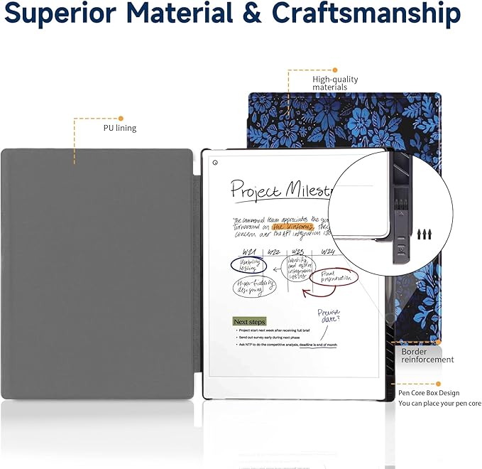 Case for Remarkable Paper Pro Tablet 11.8 (2024 Released) Lightweight and Hard Back Shell Protective Book Folio CoverHave Auto Sleep/WakePen Holder and Pen Tips Box (Blue Flowers)