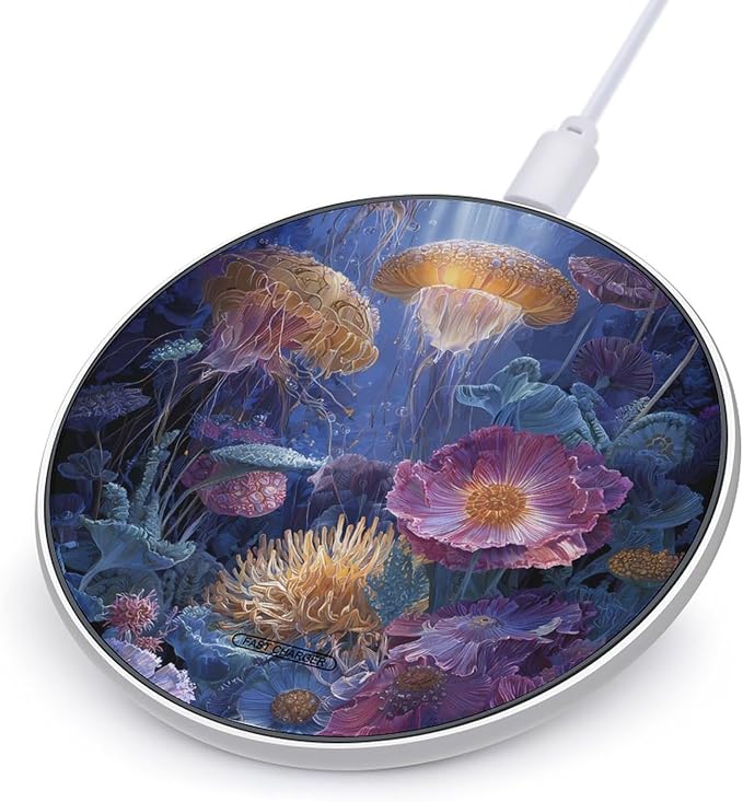 Anemone Deep Sea Jellyfishs Fast Portable Charger 10W Funny Graphic Phone Charging Pad with USB Cable