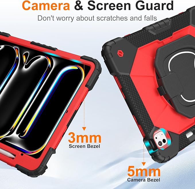 Case for iPad Pro 13 Inch M5 2025 / M4 2024 Auorld for iPad Pro 13 Inch M5 2025 with Screen Protector 360 Degree Rotating Stand Shoulder Strap Pencil Holder Black Red