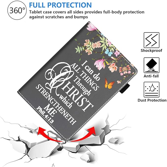 Case for Amazon Kindle Fire HD 10 &amp 10 Plus Tablet (13th/11th Generation 2023/2021 Release) 10.1 - Premium PU Leather Stand Cover with Smart Auto Wake Floral Quote Bible Verse Phil 4:13