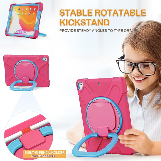BRAECN Case for iPad 9.7 6th/5th Generation w/Pencil Holder 360 Degree Multi-Function Grip Stable Kickstand Carrying Strap 3-Layer Heavy Duty Silicone Case for iPad Pro 9.7/ iPad Air 2-Rose+Blue