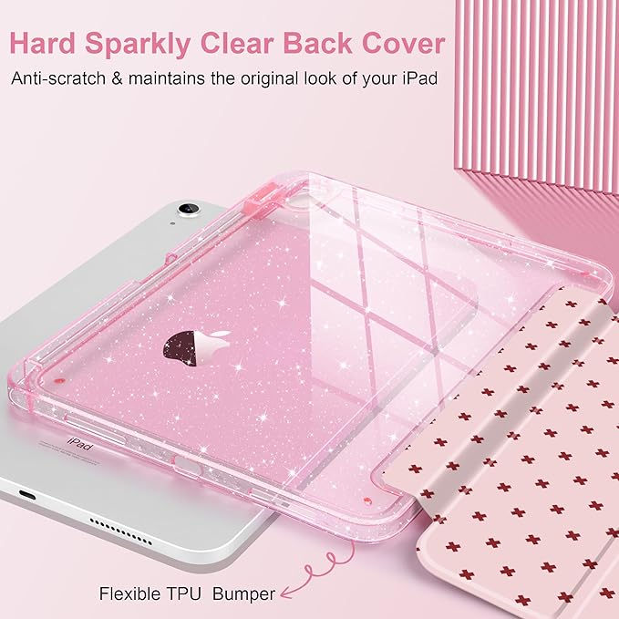 DONGKE for iPad Pro 11 inch Case – Fits M5 2025 / M4 2024 Shockproof Sparkling Glitter Acrylic Back Pencil Holder Trifold Stand Auto Sleep/Wake &amp Touch ID Support - Pink Cross Dot