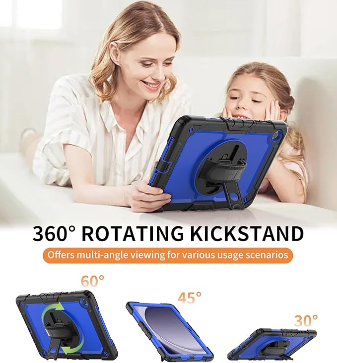 DUNNO Samsung Galaxy Tab A9+ Plus 11 Inch 2023 Case Shockproof with Screen Protector 360 Rotating Stand Hand &amp Shoulder Strap (Black/Blue)