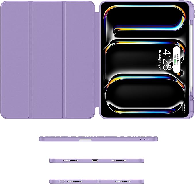 Soke Case for New iPad Pro 13 Inch (M5/M4 2025/2024 Release) with Pencil Holder Trifold Stand Shockproof [Support Apple Pencil Charging + Auto Wake/Sleep] Soft TPU Back Cover Book Lilac