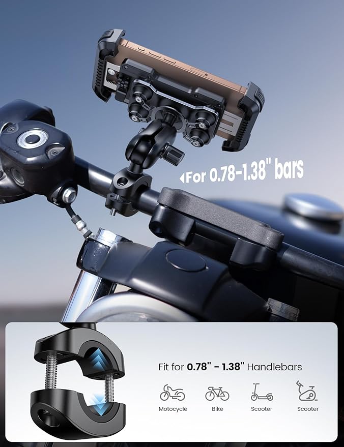 Lamicall Motorcycle Phone Mount Holder - [Dual Vibration Dampener] [Metal Adjustment Arm] Motorcycle Cell Phone Holder Bike Handlebar Phone Mount Gifts for iPhone 16 15 14 Pro Max 4.7-6.7 Phones