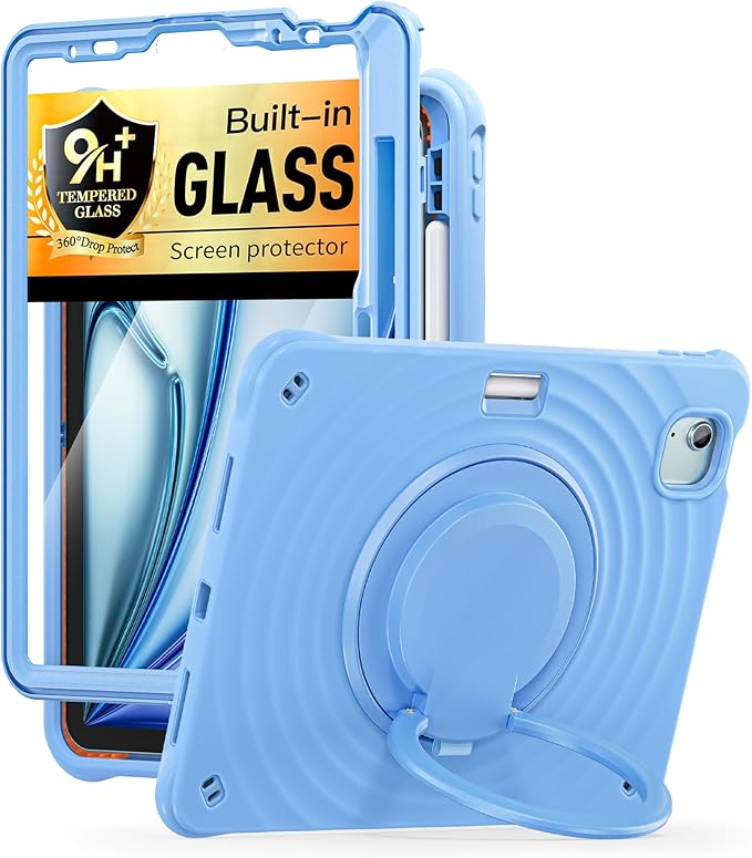 BATYUE Case for iPad Air 11 inch M4 (2026)/M3 (2025)/M2 (2024) iPad Air 5th/4th 10.9 inch(2022/2020) iPad Pro 11 4th/3rd/2nd/1st with Class Screen ProtectorKickstand &amp Pencil HolderSkyBlue