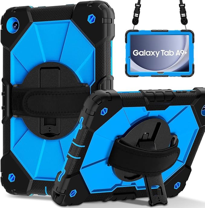 Case for Samsung Galaxy Tab A9+ 11 Inch 2023 (X210/X216/X218) Heavy Duty Shockproof Rugged 360 Rotating Hand Strap Protective Case for Galaxy Tab A9 Plus Tablet Black+Blue