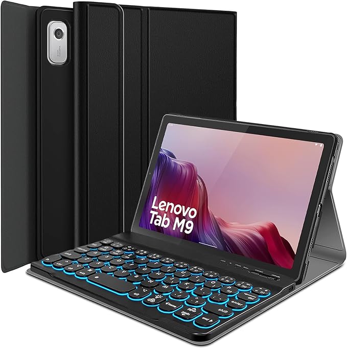 Backlit Keyboard Case for Lenovo Tab M9 Case 9 Inch 2023 (Model:TB-310FU/TB-310XU) 7 Colors Backlight Detachable Wireless Keyboard Protective Cover Case for Lenovo Tab M9 9 2023 Release