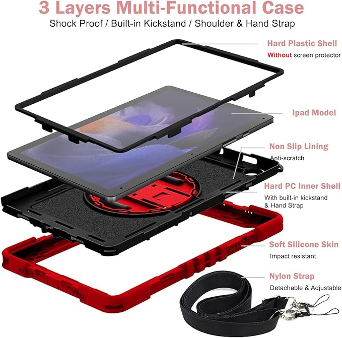 Case for Samsung Galaxy Tab A8 10.5 inch Tablet 2022 (SM-X200/X205/X207) with Hand Strap &amp Shoulder Strap [360° Rotating Kickstand] Hard Rugged Shockproof Swivel Stand Cover Red + Black