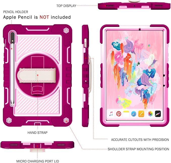 Shockproof Case for Samsung Galaxy Tab S8+/S7+/S7 FE 12.4 Tablet with Shoulder Strap Techcircle Heavy Duty Rotating Kickstand Rugged Defender Protective Case with Adjustable Hand Strap Rose+Pink