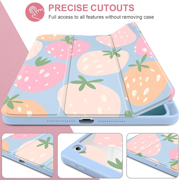 MEEgoodo Case for iPad 10.2 inchTablet Cases for iPad 9th Generation 2021/8th Gen 2020/7th Gen 2019 with Clear Acrylic Back Shell+Pencil Holder+Auto Wake/Sleep+Trifold StandCute Drawn Strawberries