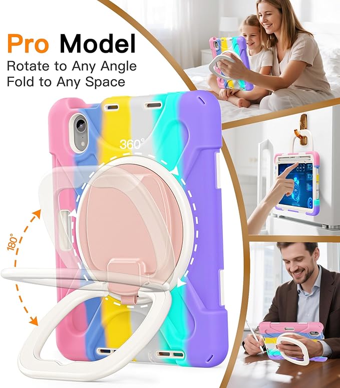 BATYUE Case for iPad Mini 7 A17 Pro 2024/iPad Mini 6 2021 8.3 Inch with Pencil Holder 360 Rotating Stand Shoulder Strap Handle Grip Shockproof Rugged Case for iPad Mini 7th/6th Gen Colourful Pink