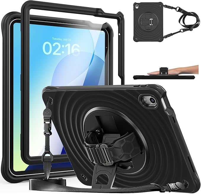 Case for iPad (A16) 11th/10th Generation 11''/10.9'' (2025/2022) with HD Screen Protector Strong Military-Grade Full-Body Shockproof Protection 360° Rotate Hand Strap/Stand Black