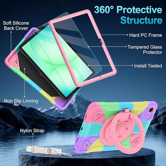 Case for Samsung Galaxy Tab A11+ Plus/ A9+ 11 inch 2025/2023 with Screen Protector 360°Rotating Stand &amp Shoulder Strap Pencil Holderfor Tab A11 Plus / A9 Plus Tablet Case Kids (Colourful)