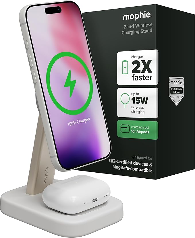 Mophie 2-in-1 Wireless Charging Stand - Qi2-Certified MagSafe Charger for iPhone &amp AirPods – Fast Charging Station with Adjustable Phone Stand &amp Cable Management – Up to 15W Power