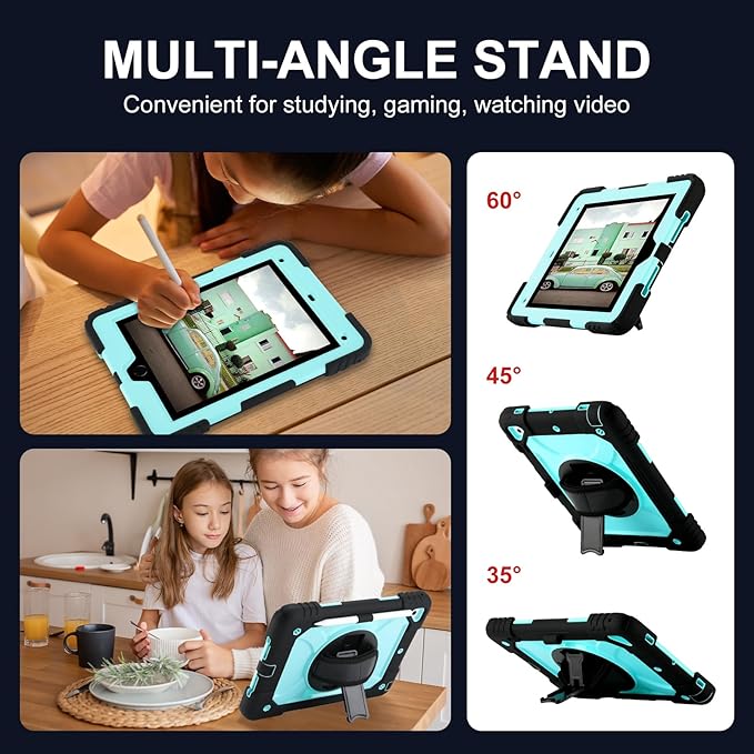 for iPad 6th Generation/iPad 5th Gen/iPad Air 2/iPad Pro 9.7 Case with Cute Key Chain Rugged Protective Case with Rotating Stand &amp Shoulder Hand Strap for iPad 6th/5th/ Air 2 (Black+Aqua)