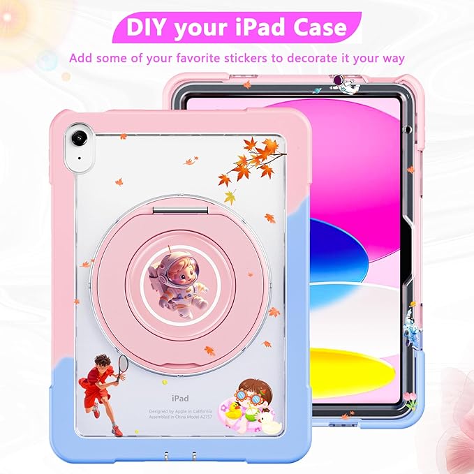 Case for iPad (A16) 11th /10th Generation 11 Inch 2025/10.9 inch 2022with Screen Protector360 Rotating Metal StandClear BackHeavy Duty Shockproof for Kids Case Blue-Pink