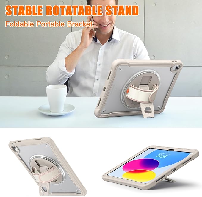 Case for iPad (A16) 11th/10th Generation 2025/2022 11/10.9 inch Rugged Shockproof Protective Cover with Screen Protector 360° Rotating Hand Strap&ampStand Pencil Holder Khaki