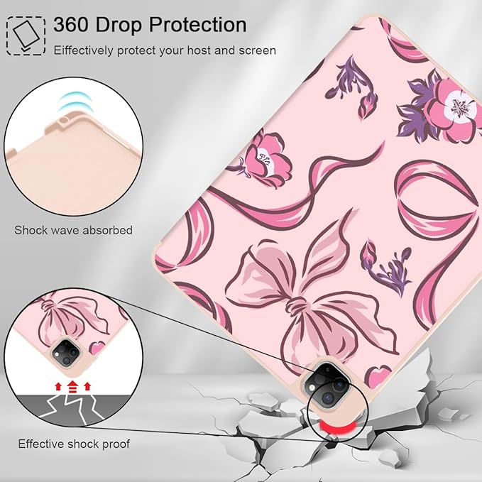 Mektron for iPad Pro M2 11-inch 4th/ 3rd/ 2nd/ 1st Gen Case 2022 2021 2020 2018 with Pencil Holder Tablet Cover with Soft TPU Back Cover for 11 inch iPad Pro Flowers-Bows-Pink