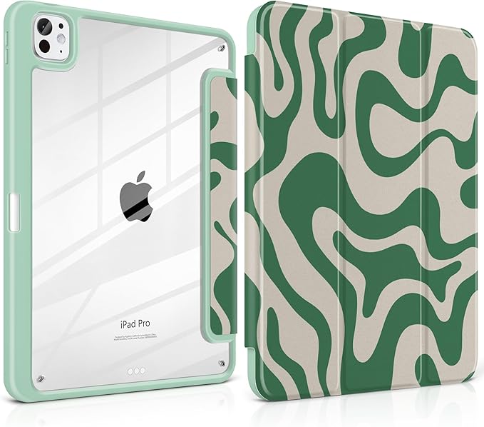 TWOLSKOO Case for iPad Pro 11-inch (M5 2025 / M4 2024) Clear Acrylic Back with TPU Bumper Pencil Holder Trifold Stand Auto Sleep/Wake Green Waves