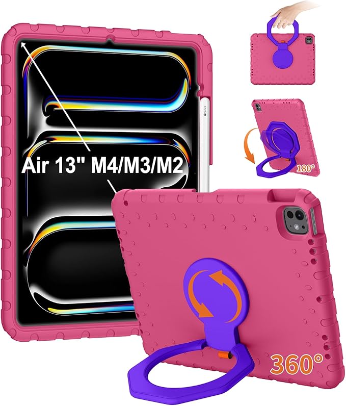 for iPad Air 13 Inch Case (M4 2026 / M3 2025 / M2 2024) Heavy Duty EVA Protective Cover with Magnetic Charging Pencil Holder 360° Rotating Stand for Kids Work &amp Travel Rose Red
