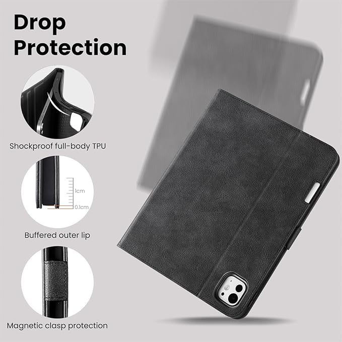 Handmade Case for iPad Pro 11 Inch (M5/M4) 2025/2024 with Pencil Holder PocketMagnetic ClosureAuto Sleep/WakeVegan Leather Folio Protective CoverMulti Angles StandBlack
