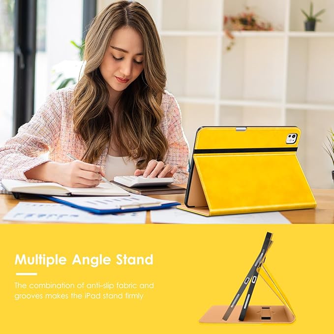 VIKESI Case for iPad Pro 13 (M4) 2024 Leather Stand Cover with Apple Pencil Holder Auto Wake/Sleep Multiple Viewing Angles Built in Hand Strap &amp Pocket Yellow