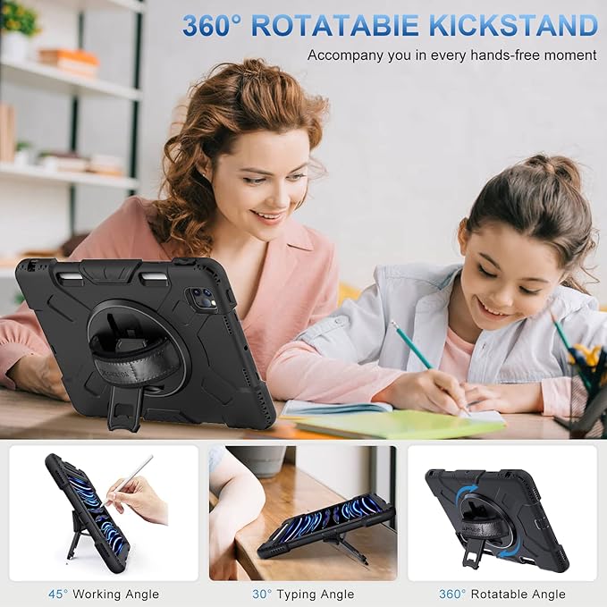 SUPFIVES 2022 iPad Pro 11 inch Case (4th Generation)Upgraded Military Grade Shockproof Silicone iPad Pro 11 4th/3rd/2nd Gen Cover Pencil Holder+ Handle+ Shoulder Strap+ Rotating Kickstand Black