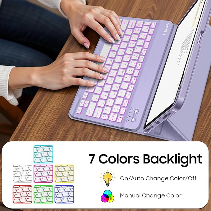 Fintie Backlit Keyboard Case for iPad Air 11-inch M4/M3/M2 (2026/2025/2024) iPad Air 5th/4th Gen 10.9 Inch - Soft TPU Cover with 7 Color Backlight Detachable Bluetooth Keyboard Lilac Purple