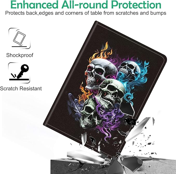 Compatible with iPad Air 13 inch Case (M3 2025 /M2 2024)/12.9 inch Case (6th/5th/4th/3rd 2022/2021/2020/2018) with Pencil HolderAuto Wake/Sleep Protect CoverCool Fire Skulls