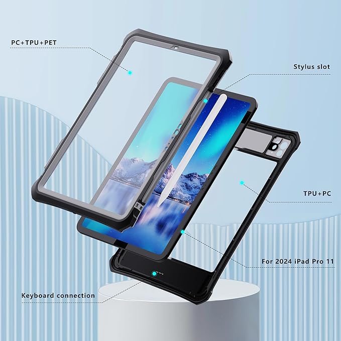 IP68 Waterproof Case for iPad Pro 11-inch M4 2024 with [Pencil Holder] [Swivel Kickstand] [Hand Grip] Shock-Dust-Proof Full-Sealing Watertight Cover Compatible with Magic Keyboard A2836/A2837