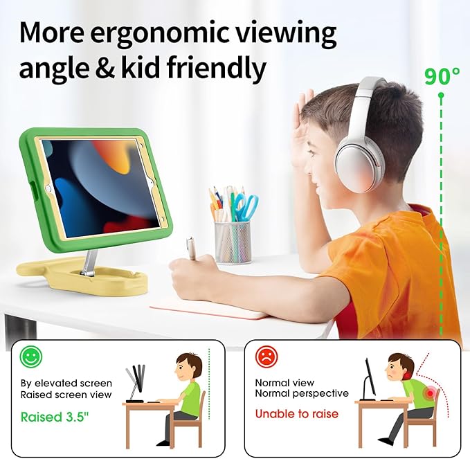 Kids Case for iPad 7th/8th/9th Gen 10.2 inchAdjustable Portrait/Landscape Stand/Drop Proof with Handle/KickstandChild Friendly Protective Cover for iPad 10.2 2021/2020/2019 (GreenYellow)
