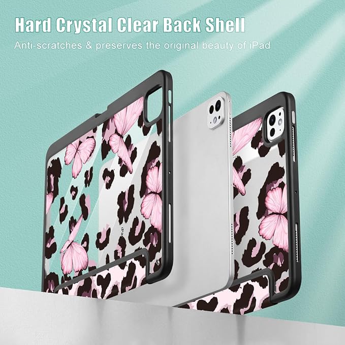 Mektron Case for M5/ M4 iPad Pro 11 inch 2025/2024 with Pencil Holder Compatible Models: A3357/A3358/A3359/A2836/A2837/A3006 Shockproof Cover Clear Shell Leopard Pink Butterfly
