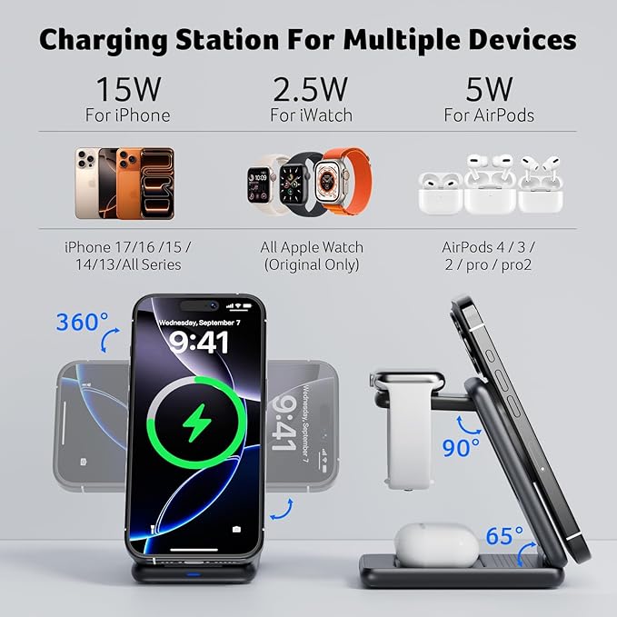 Acer 3 in 1 Charging Station for iPhone Wireless Charger Stand15W Fast MagSafe Charger for iPhone 17 16 15 14 13 12 Series-Apple Watch 11 10 9 8 7 6 5 4 3 2 SE and Ultra Series-Airpods 4 3 2 Pro