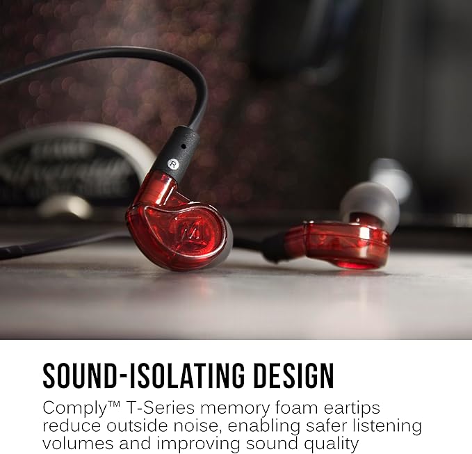 MEE audio M6 PRO In Ear Monitor Headphones for Musicians 2nd Gen Model With Upgraded Sound Memory Wire Earhooks &amp Replaceable Cables Noise Isolating Professional Earbuds 2 Cords Included (Red)