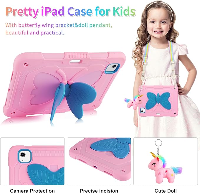 for iPad Air 5th/4th Generation Case with Screen ProtectoriPad Pro 11 Inch Case Butterfly Stand Strap Cute Dolls Pencil Holder Kids Hard Cover for iPad Air 4th 5th 10.9/iPad Pro 11 2022-Pink Blue